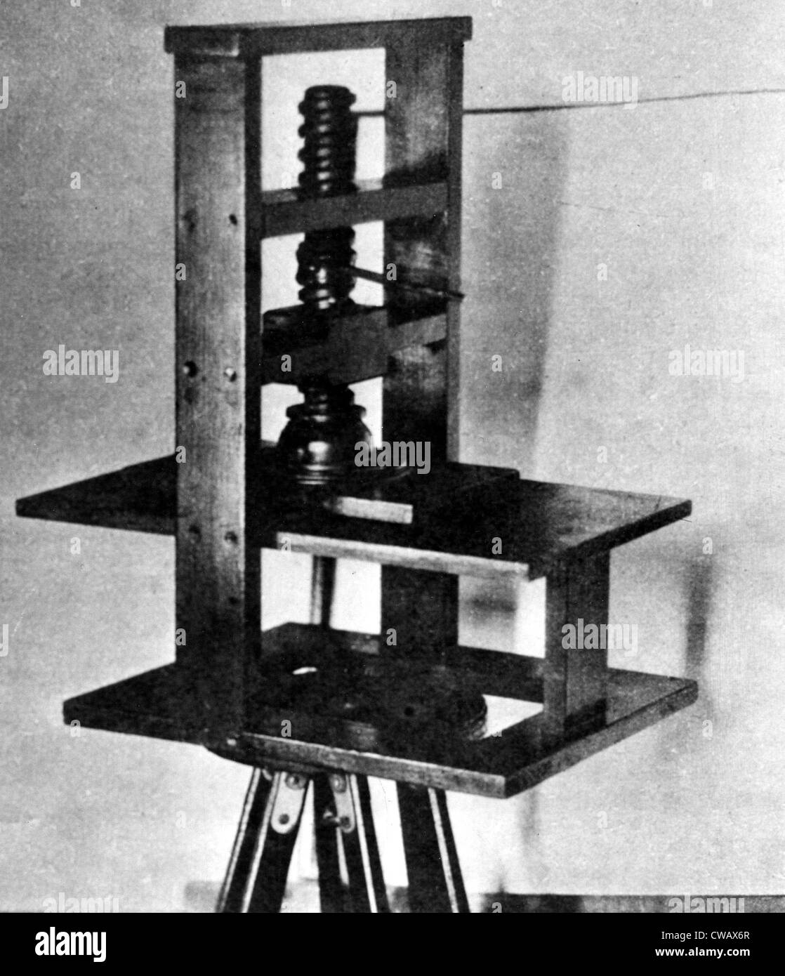Druckmaschine (Gutenberg-Presse aus der Zeit zwischen 1400)... Höflichkeit: CSU Archive / Everett Collection Stockfoto