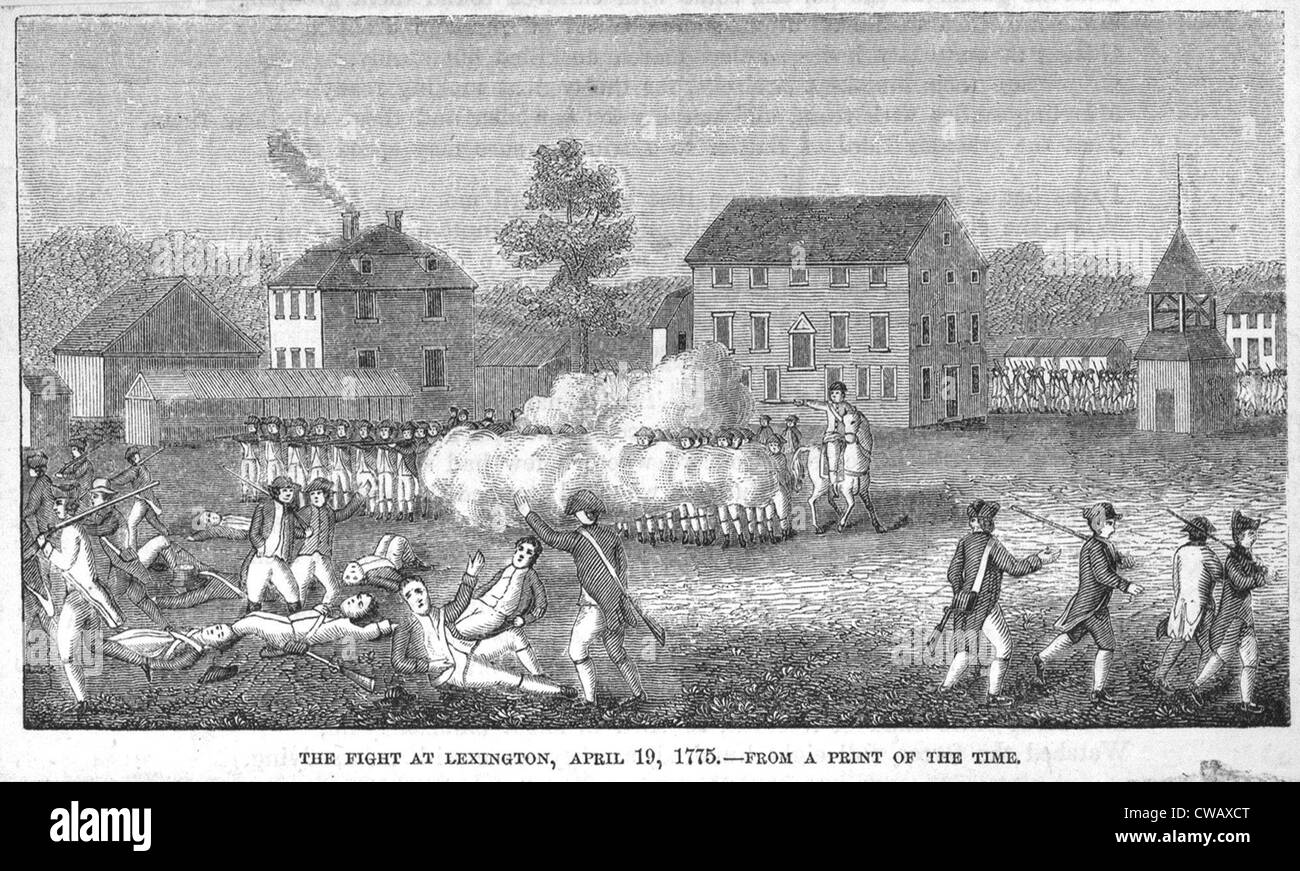 Britische Truppen feuern auf Minute Men in Lexington, Massachusetts, Radierung, zwischen 1850-1880. Stockfoto
