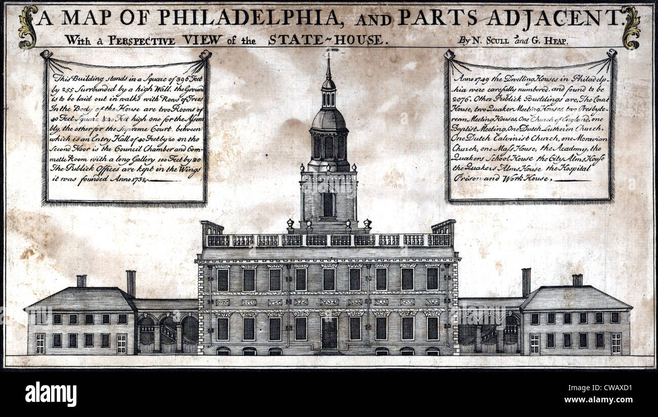 Eine perspektivische Ansicht im Repräsentantenhaus in Philadelphia. Ein Blick auf Independence Hall in Philadelphia im Jahre 1752, einer Karte entnommen. Stockfoto