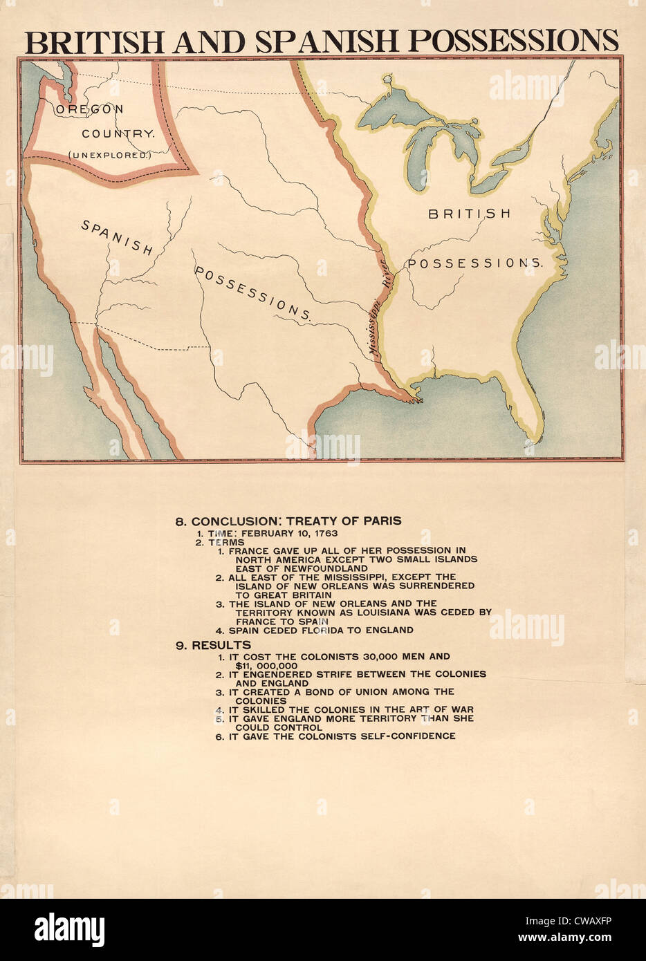 Karte der britischen und spanischen Besitzungen in den Vereinigten Staaten ab Februar 1763 Stockfoto