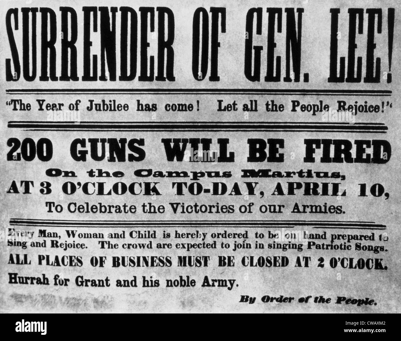 Bekanntgabe der Kapitulation von General Lee am Appomattox Gerichtsgebäude in Virginia endet der Bürgerkrieg am 9. April 1865 Plakat Stockfoto