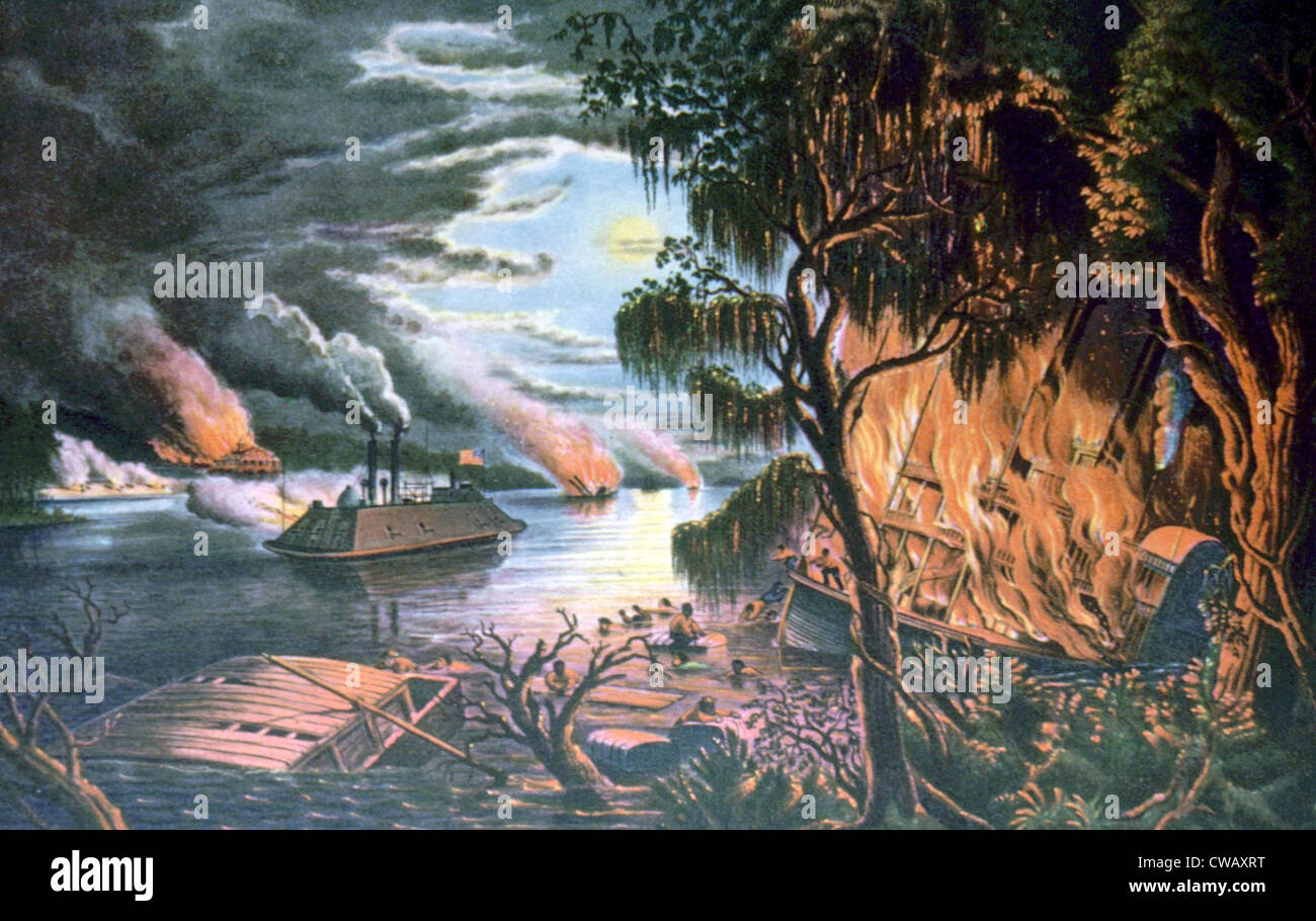 Der Mississippi Fluß in Zeit des Krieges, Currier & Ives Stockfoto