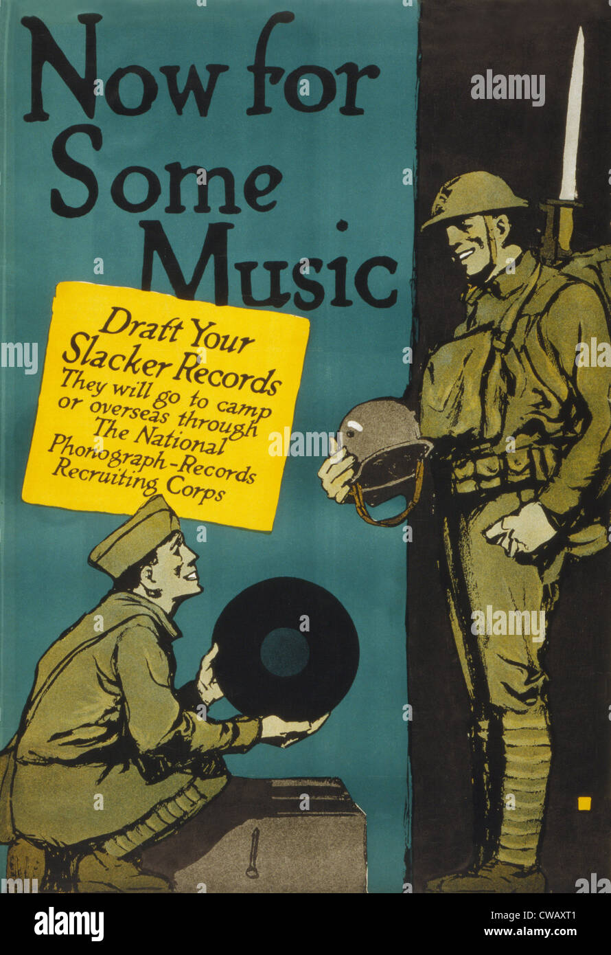 Plakat von Charles Schnallen, zeigt ein Weltkrieg Soldat einen Datensatz als andere spielen zusieht, mit dem Titel "jetzt für einige Stockfoto