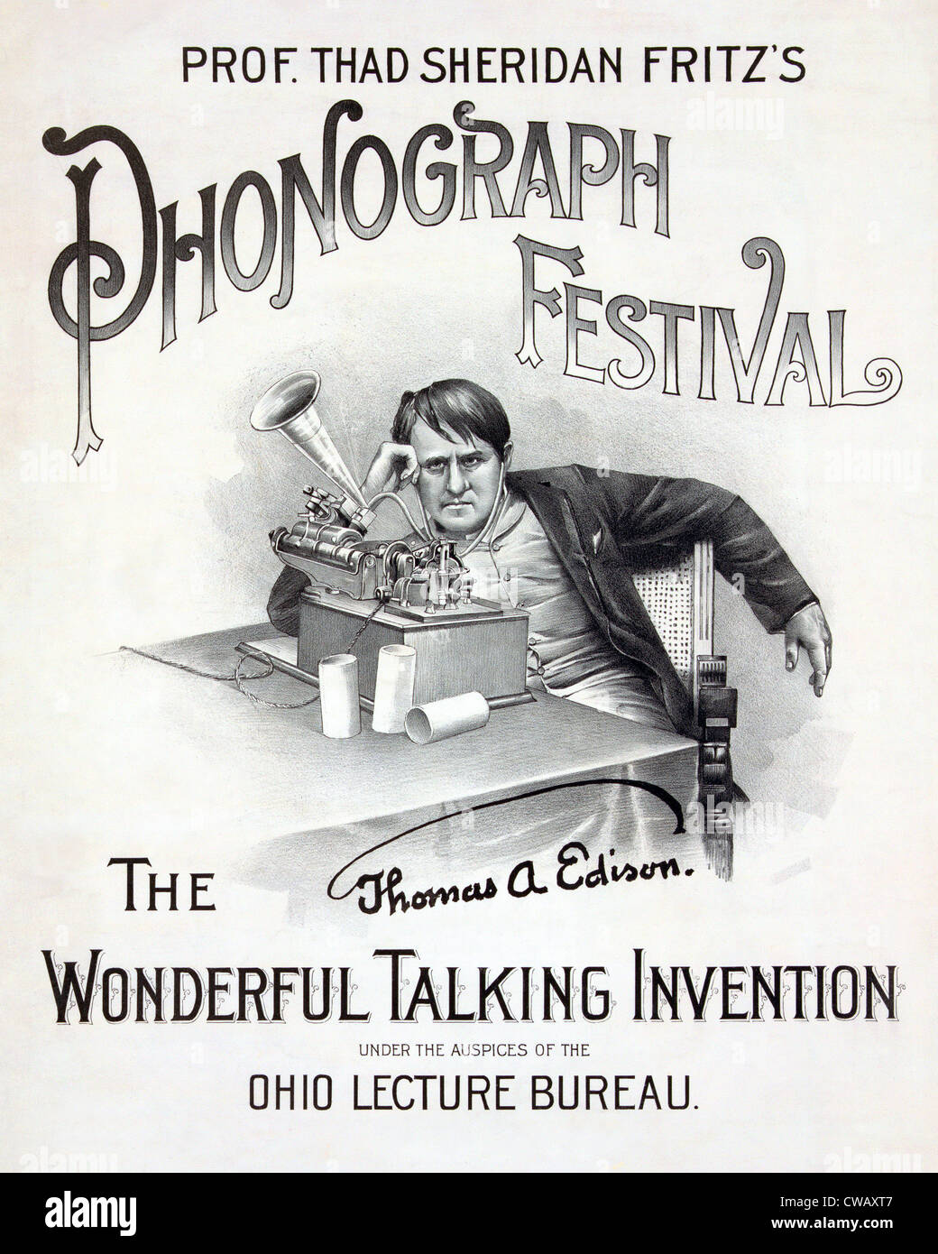 Plakat für ein Musikfestival, Text lautet: "Prof. Thad Sheridan Fritz Phonographen Festivals, die wunderbare sprechende Erfindung Stockfoto