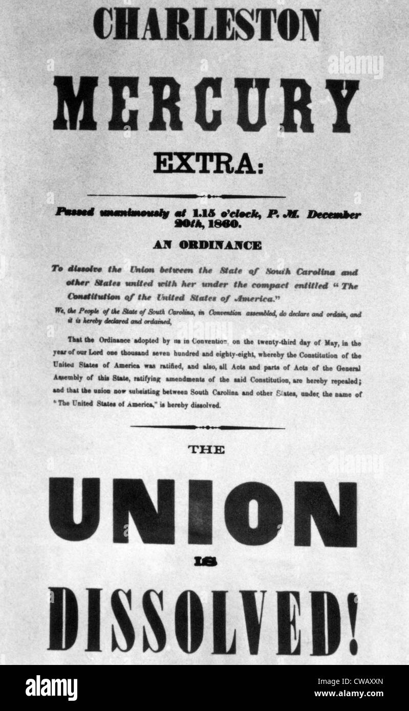 Charleston Mercury Zeitungsausgabe Ankündigung, Bekanntgabe der Auflösung der Union, 20. Dezember 1860 Stockfoto