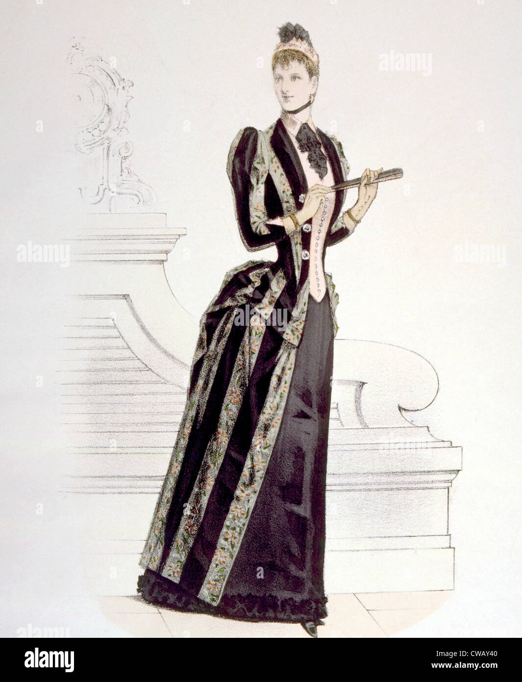 Handkolorierten Gravur einer Frau in einem Kleid von Hektik, 1889. Foto: Courtesy Everett Collection Stockfoto