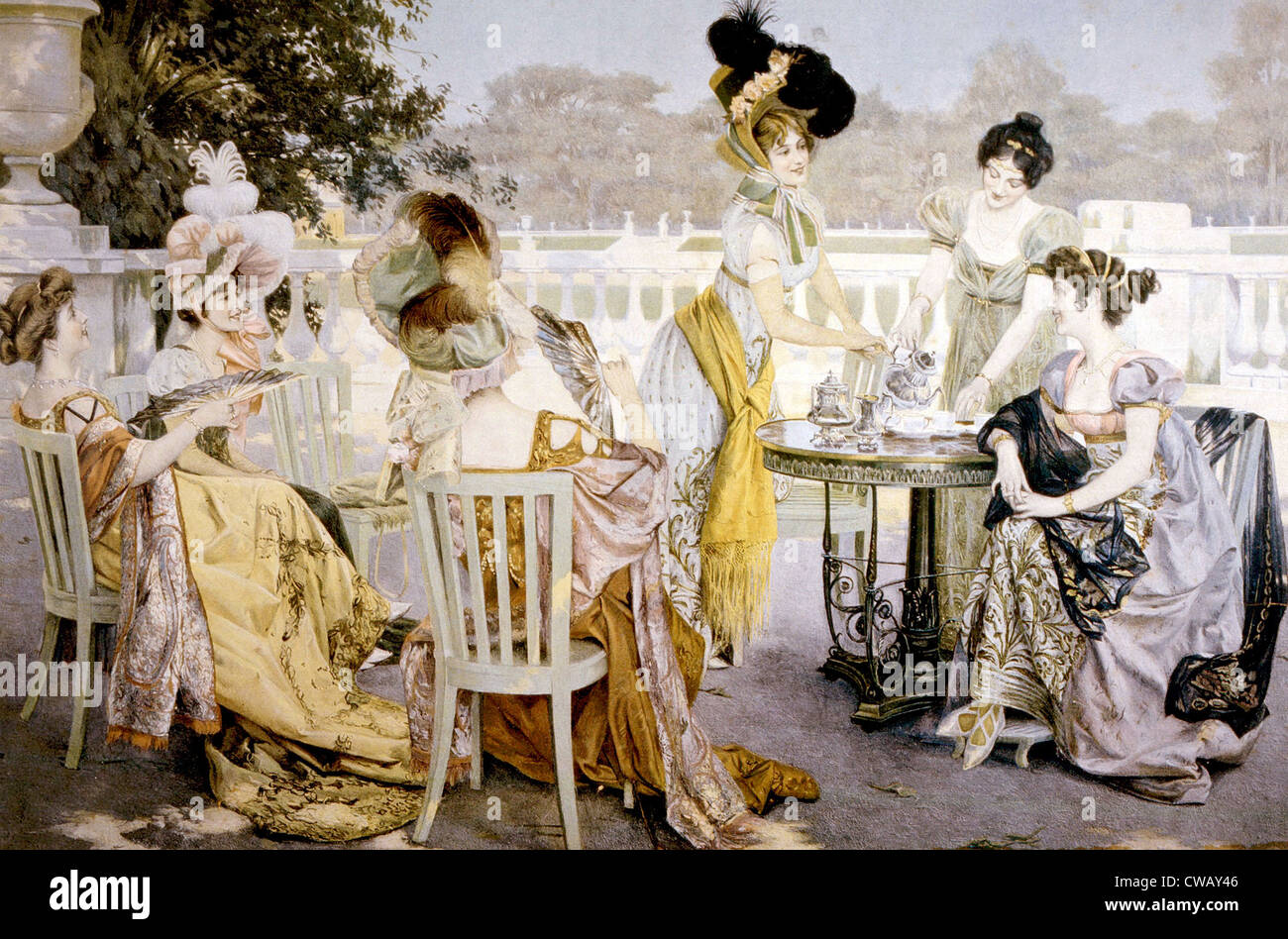 Ein Gemälde, Frauen tragen Mode der 1820er Jahre auf eine Tee-Party im Freien. Malerei getan um 1880. Foto: Höflichkeit Stockfoto