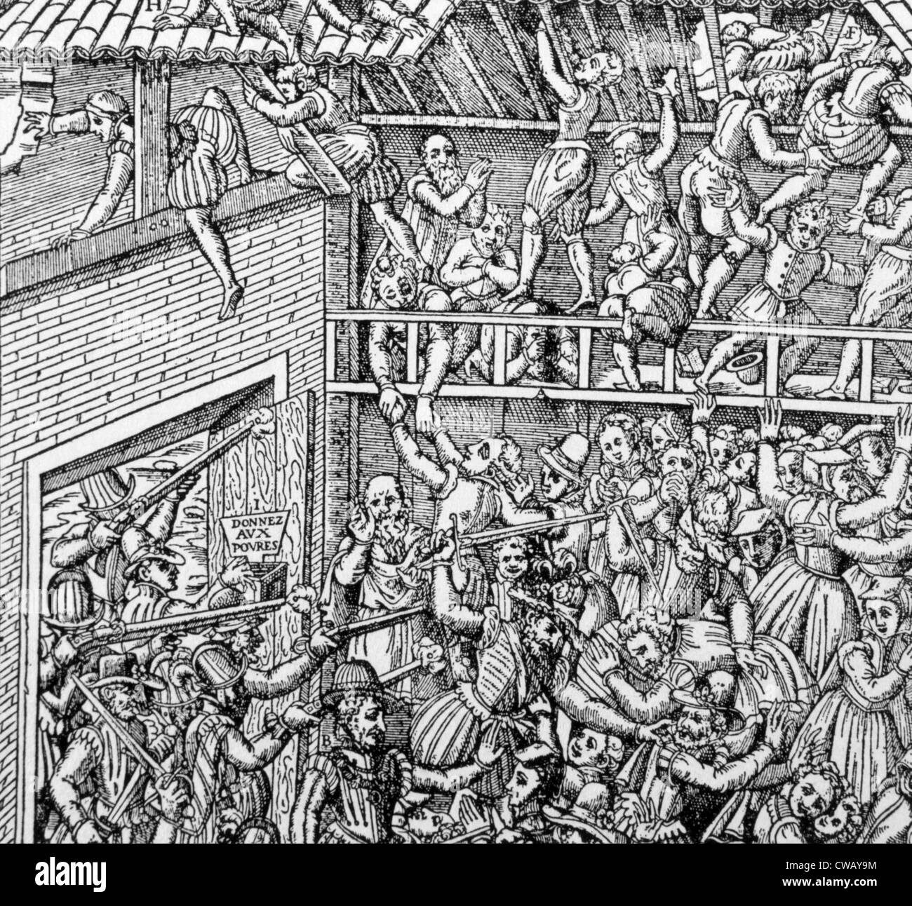Massaker an einer hugenottischen Gemeinde in einer Scheune von Duc de Guise und seinen Männern, Vassy, Frankreich, 1562. Stockfoto