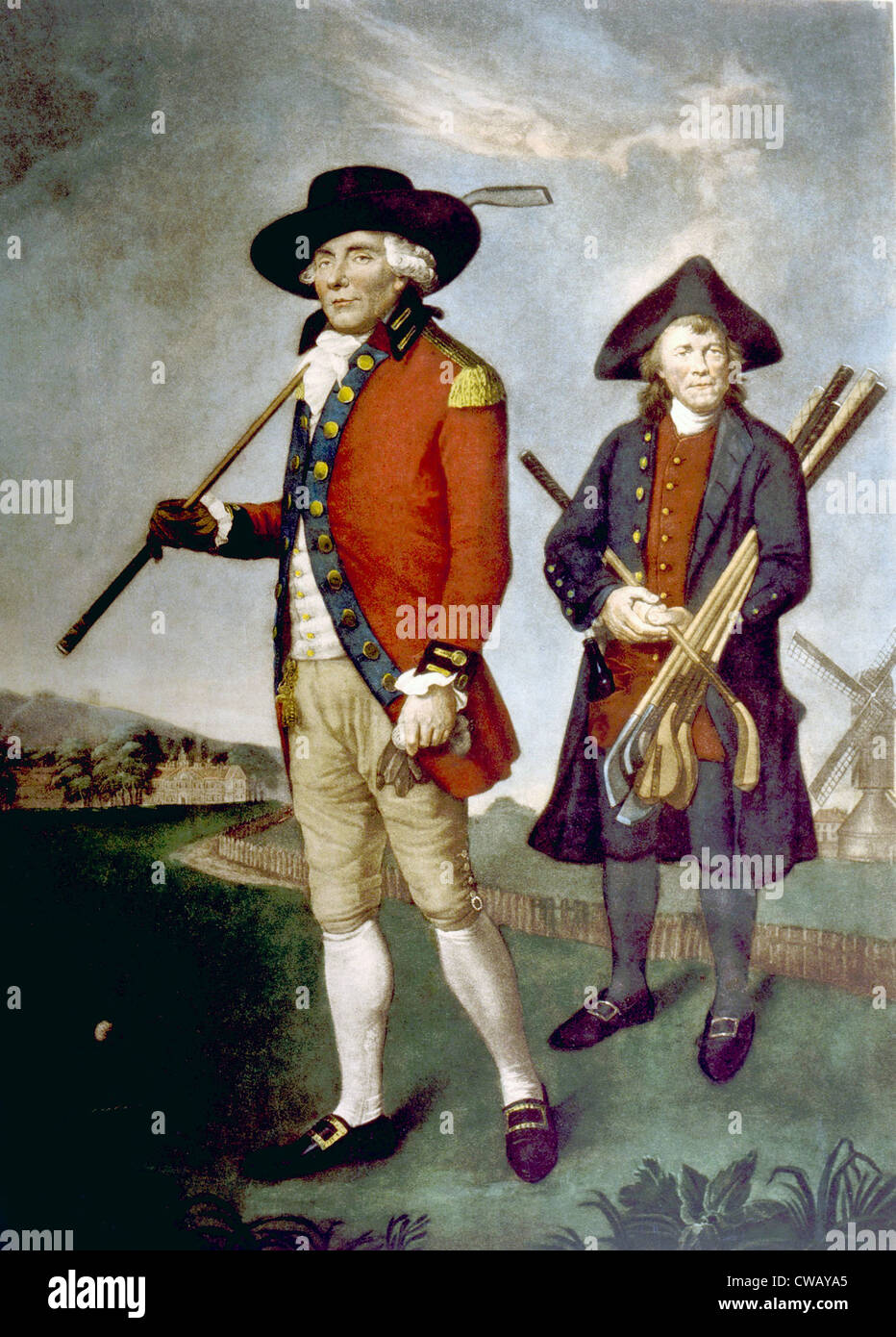 Schottische Golfer und sein Caddy, Gemälde von j. F. Abbott, 1790. Stockfoto
