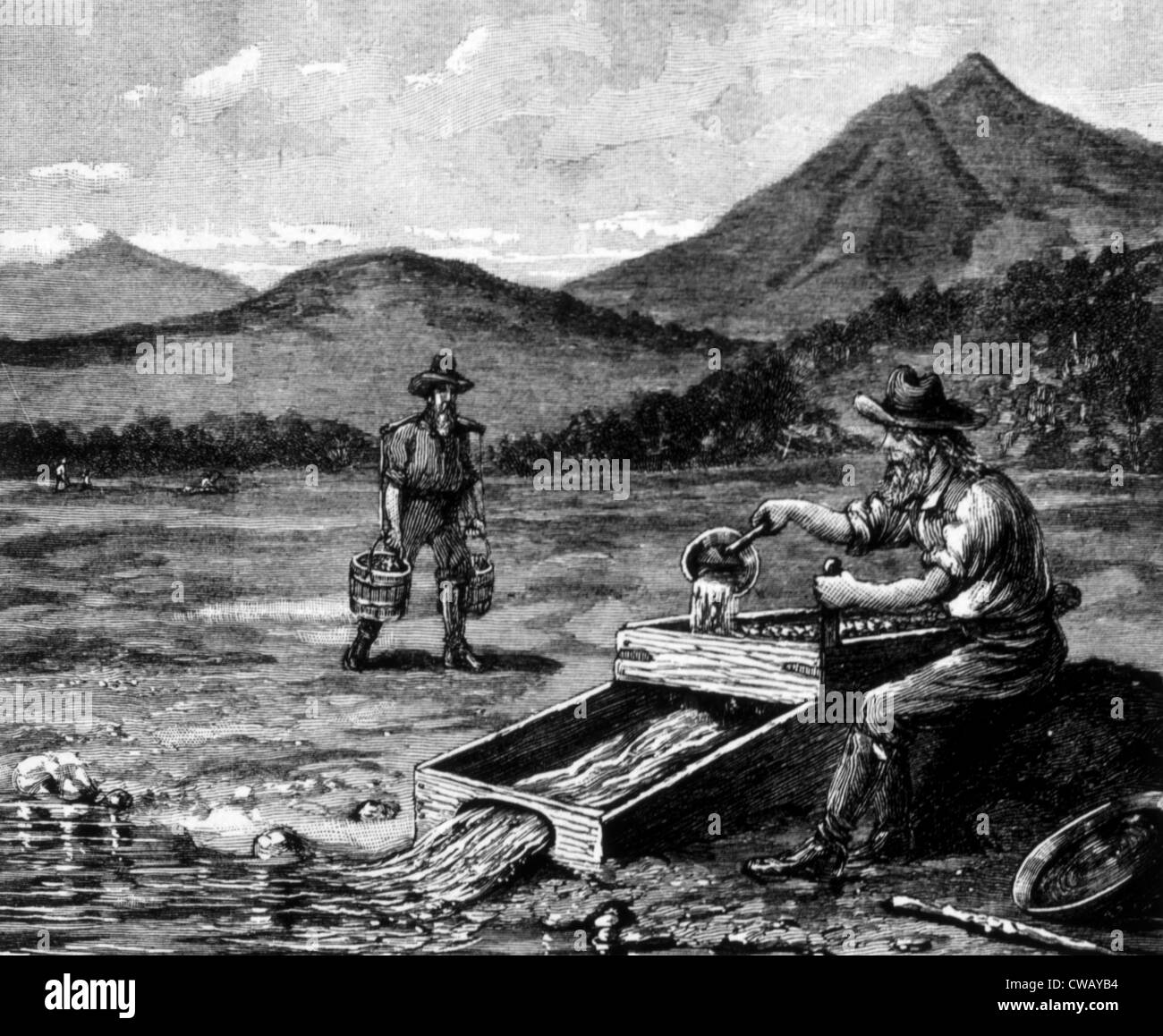 Der Goldrausch, Rocker für Goldwäsche, Kalifornien, 1849, Gravur 1891 Stockfoto