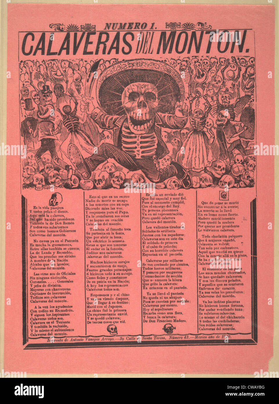 Calaveras del Monton, Numero 1, Übersetzung: Schädel aus dem Heap, Nummer 1, Breitseite zeigt ein männliche Skelett, gekleidet in ein Stockfoto
