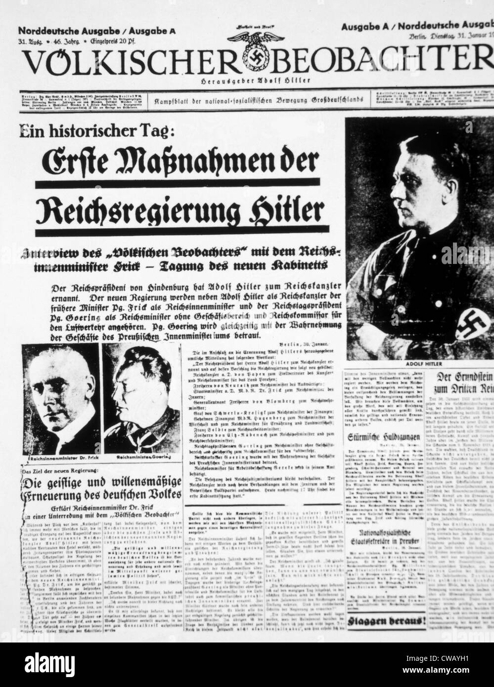 "Volkischer Beobachter" (der NS-Parteizeitung) Bekanntgabe der Ernennung von Hitler als Kanzler Reichs von Hindenburg, Stockfoto