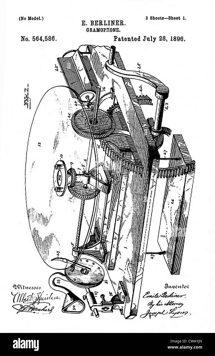 Frühe Aufnahme-Gerät: der Berliner Gramophone Detail patent, 1896. Stockfoto