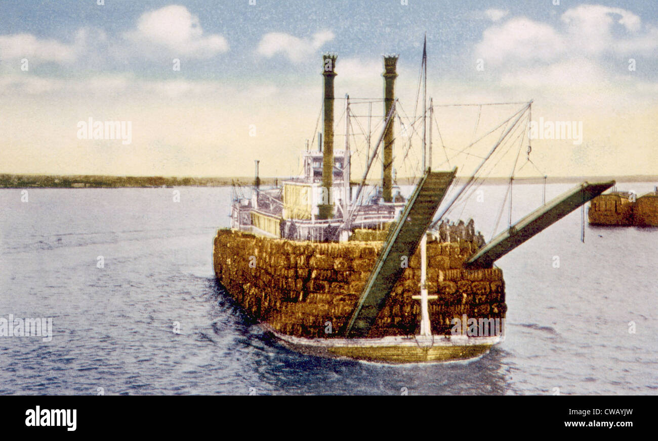 Boot beladen mit Baumwolle auf dem Mississippi in New Orleans, c. 1935. Stockfoto