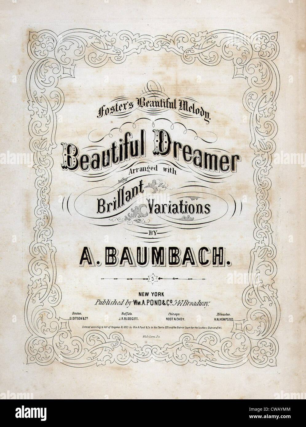 Schöne Träumer von Stephen Foster, arrangiert von A. Baumbach, Noten Titelseite, 1864. Stockfoto