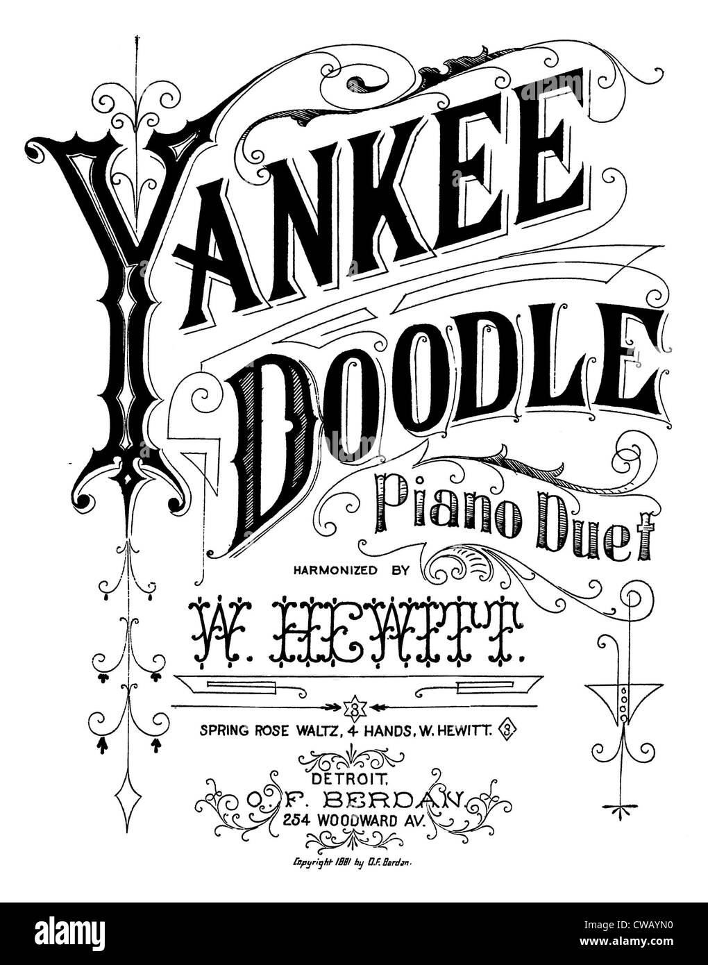 Yankee Doodle, amerikanisches patriotisches Lied, Klavier zu vier Händen harmonisiert durch W. Hewitt, Noten, 1881. Stockfoto