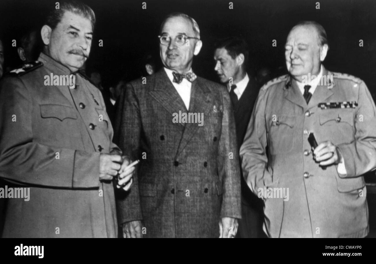 Die Potsdamer Konferenz, Joseph Stalin, Truman und Winston Churchill, 1945. Stockfoto