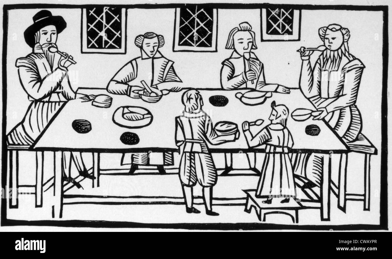 Puritanischen Familie Mahlzeit, 17. Jahrhundert Holzschnitt. Stockfoto
