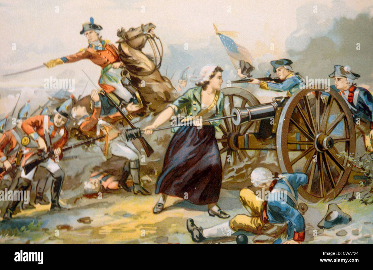 Die Schlacht von Monmouth, Mary Ludwig Hays (aka Molly Pitcher) laden eine Kanone, 28. Juni 1778 Stockfoto