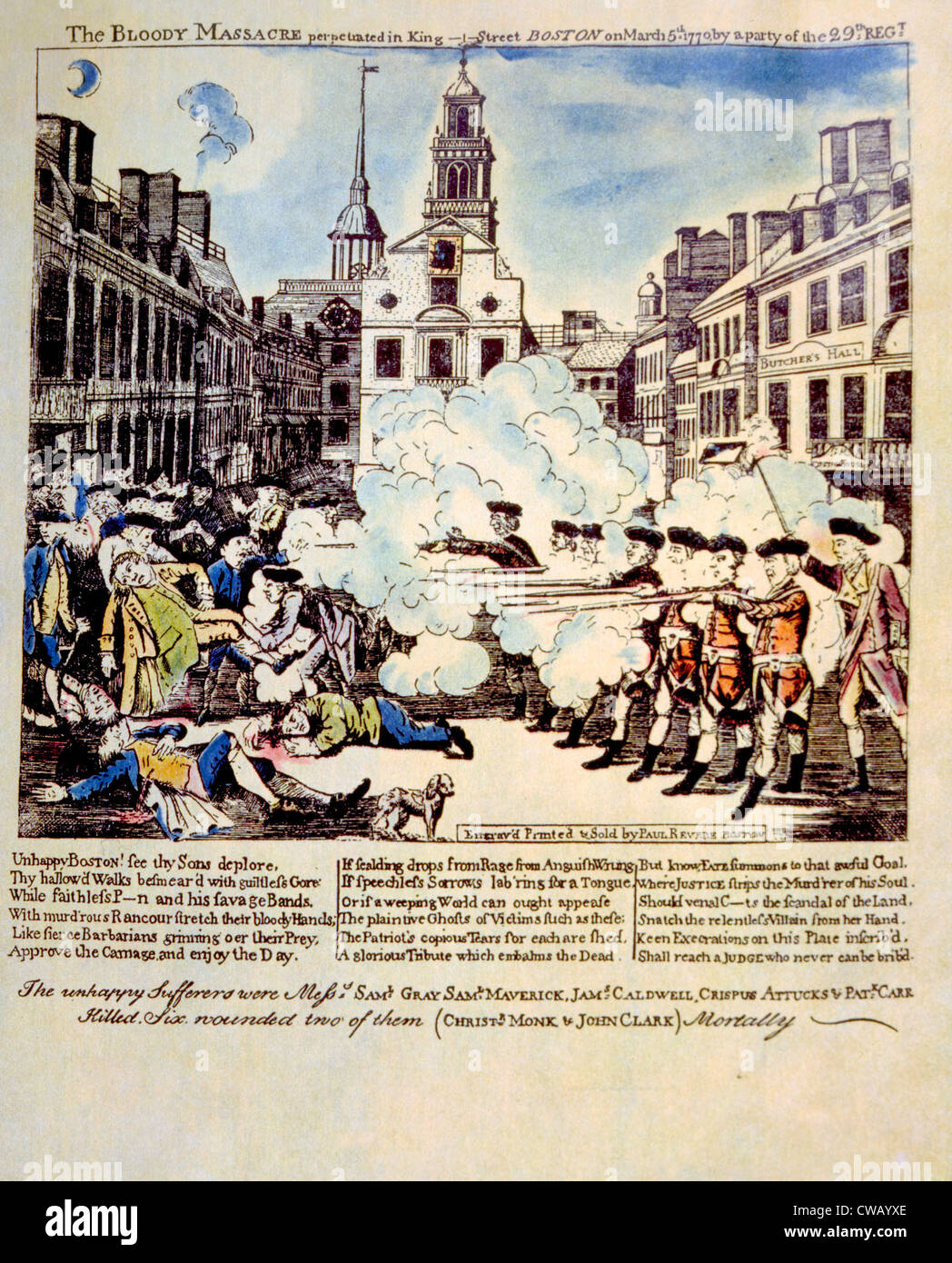 Die Massaker von Boston, 5. März 1770, Breitseite graviert, gedruckt und verkauft von Paul Revere, 1770 Stockfoto