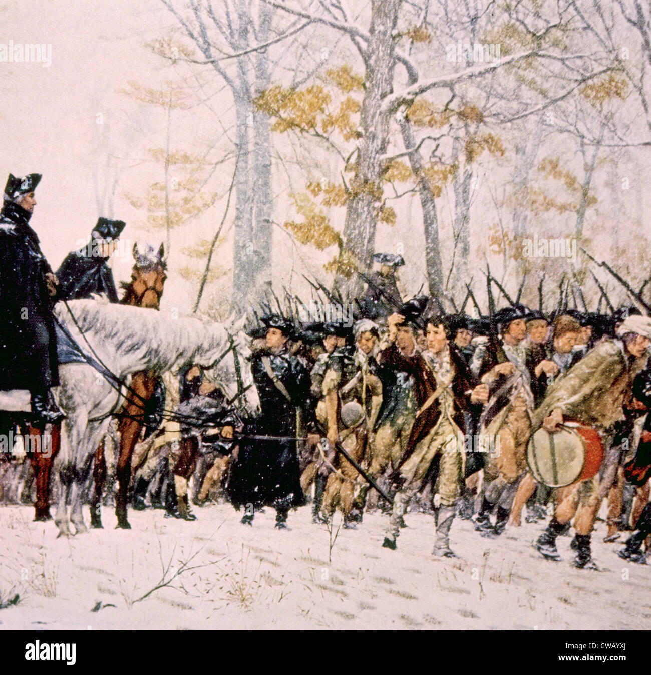 General George Washington (links) mit seiner Armee bei Valley Forge, Pennsylvania während des Winters von 1777-1778, aus dem Tal Stockfoto