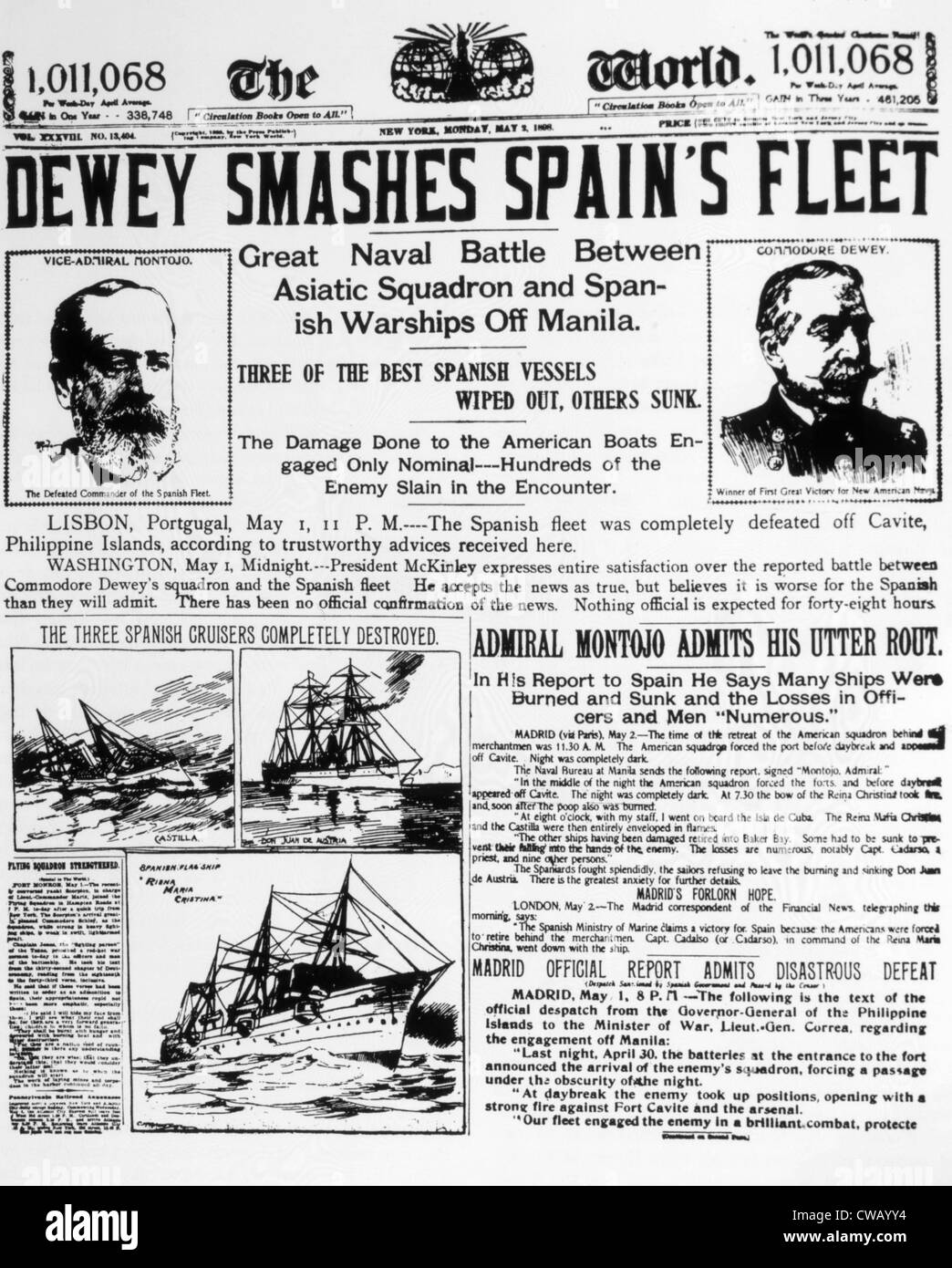 Dewey zerschlägt Spaniens Flotte, vorderen Seite der New York Welt, 2. Mai 1898 Stockfoto