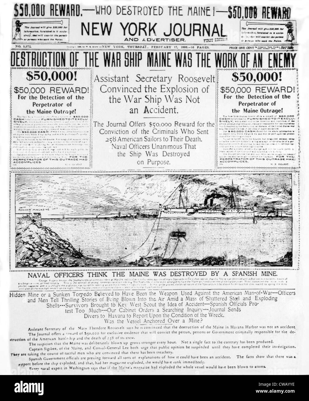 Die Zerstörung des Krieges Schiff Maine wie berichtet in der New York Journal, 17. Februar 1898 Stockfoto