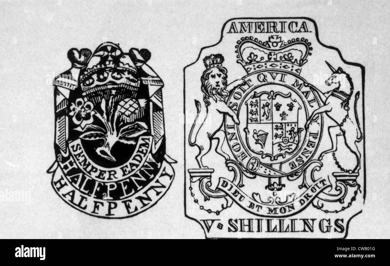 Steuermarken für die amerikanischen Kolonien von den Stamp Act von 1765. Stockfoto
