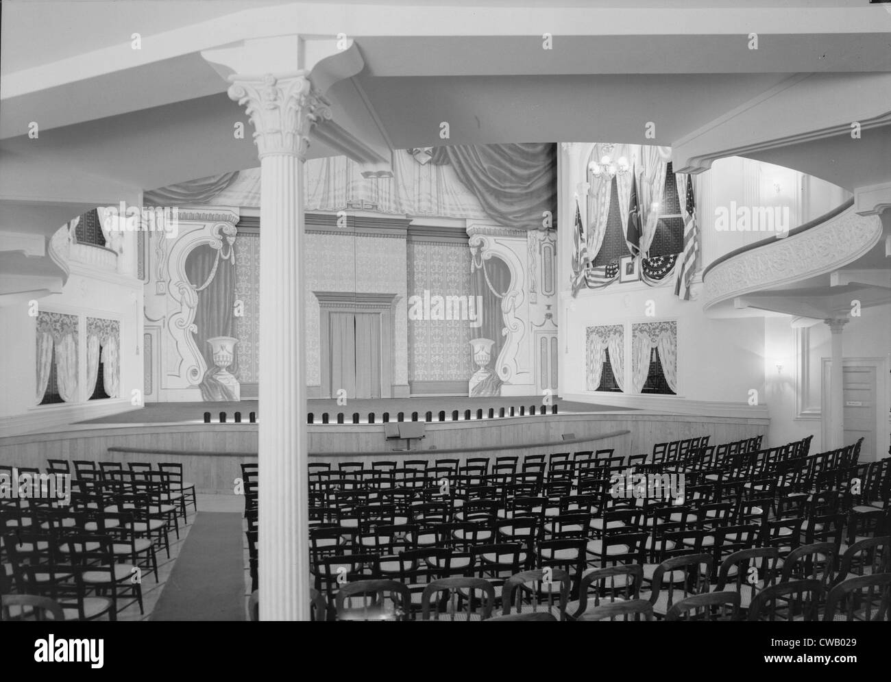 Theater, Ford es Theater, Ort der Ermordung von Präsident Abraham Lincoln, Interieur, Bühne und Präsidentschaftswahlen box aus Stockfoto