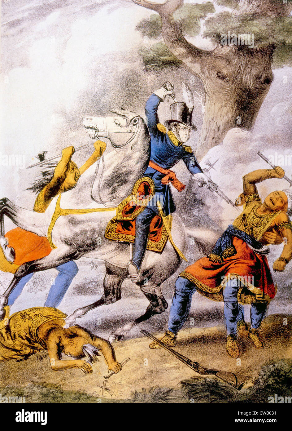 Die Schlacht von der Themse, dem Tod von der indianischen Häuptling Tecumseh, 18. Oktober 1813, Lithografie von Nathaniel Currier, Stockfoto