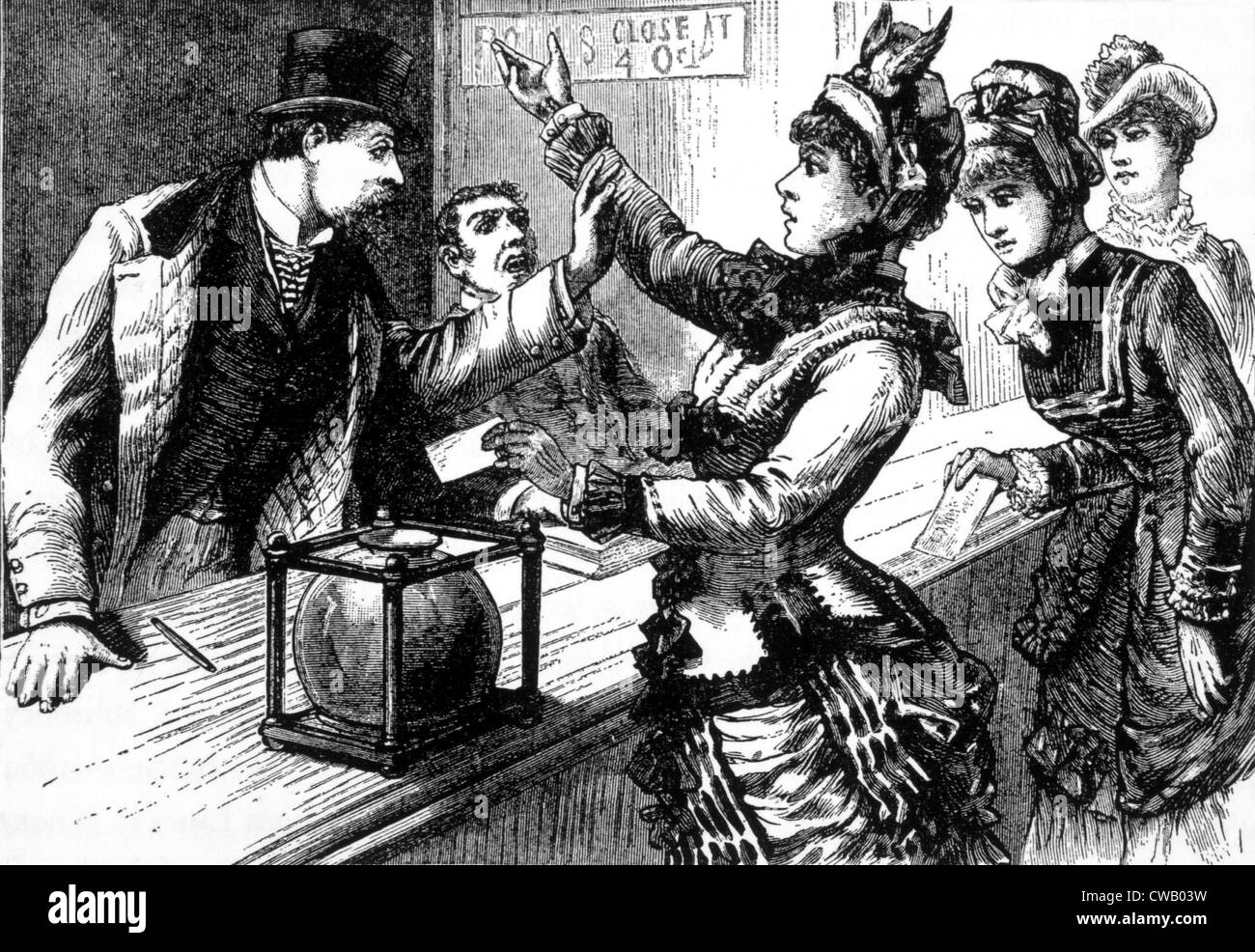 Eine Schar von willensstarke Frauen machen eine Sensation an einem New York uptown stimmberechtigten Ort. Abbildung in der Police Gazette, c. 1870. Stockfoto