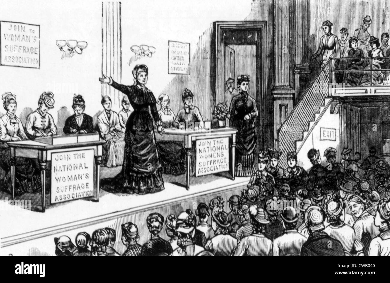 Das National Women Suffrage Association Organisatoren sprechen bei einem politischen treffen, c. 1872. Stockfoto