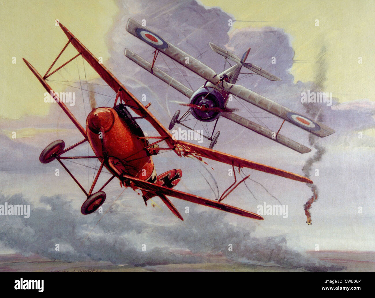 Weltkrieg air ich Kampf mit einem deutschen Albatros d-3 angegriffen von einem kanadischen Nieuport 17 pilotiert von Colonel William Bishop, Künstler Stockfoto
