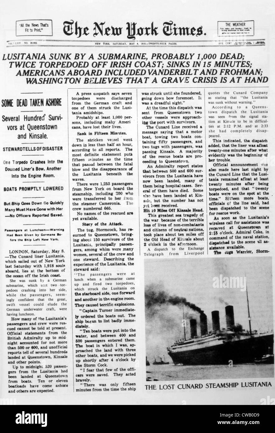 Ersten Weltkrieg, der Untergang der Lusitania, wie in der New York Times, 8. Mai 1915 berichtet Stockfoto