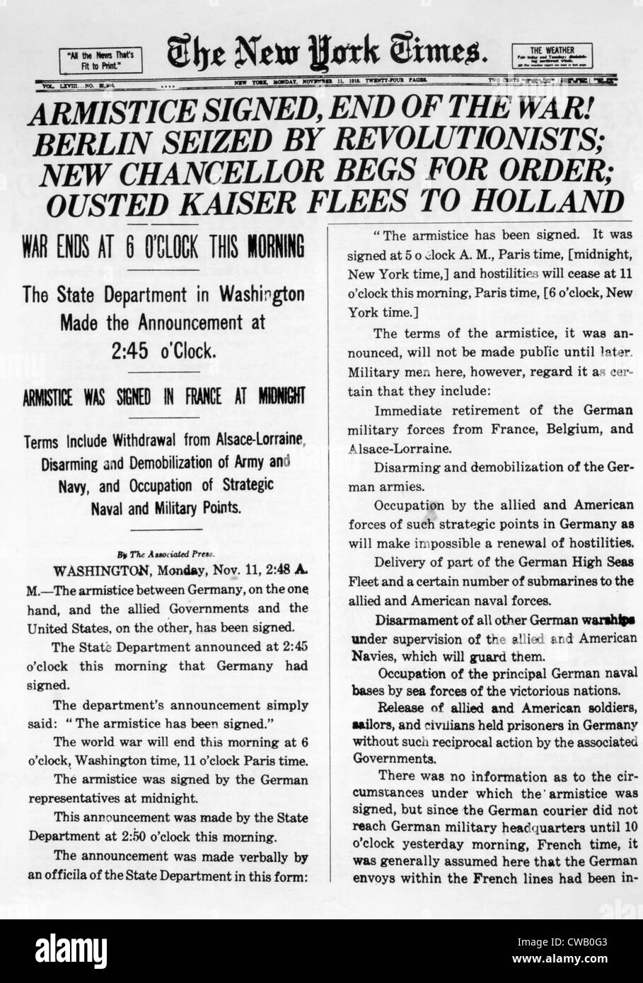 Ersten Weltkrieg, die Unterzeichnung des Waffenstillstandes, wie in der New York Times, 11. November 1918 berichtet Stockfoto