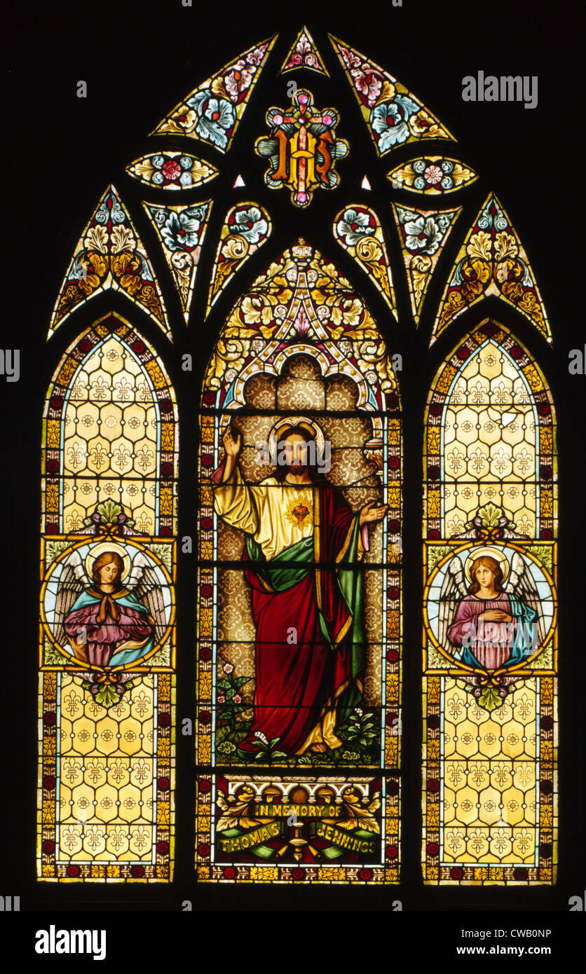 Glasmalerei. Detail der Rosette, die Geburtskirche, Menlo Park, CA ca. 1900 Stockfoto