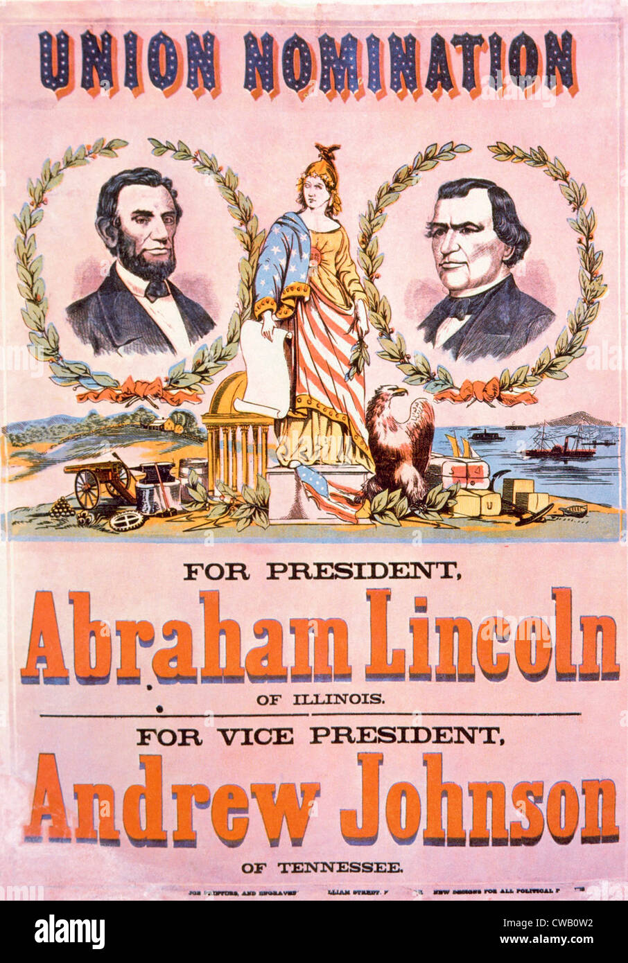 Wahlplakat für die Wiederwahl von Präsident Abraham Lincoln und sein Anwärter für Vizepräsident Andrew Johnson, 1864 Stockfoto