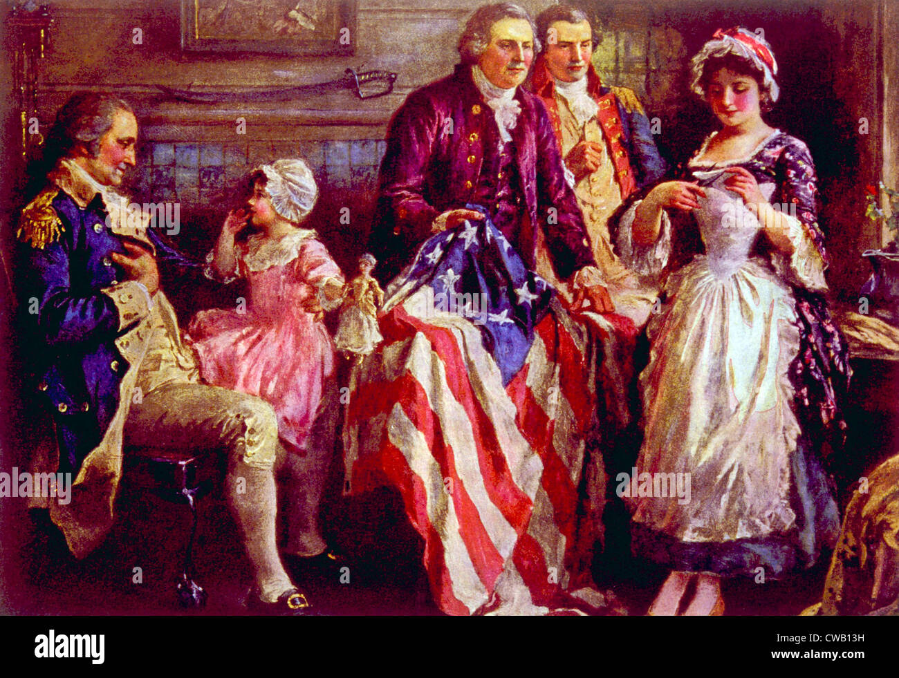 General George Washington, Major George Ross, Robert Morris, Betsy Ross mit die erste amerikanische Flagge, die vom Kongress genehmigt am Stockfoto