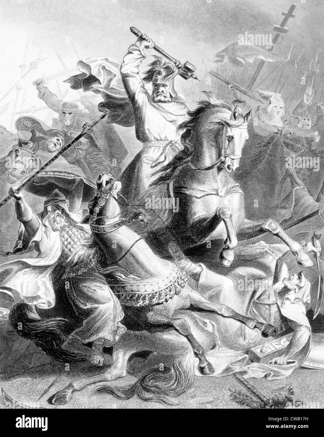 Charles Martel Eindämmung der maurischen Eroberung Europas in der Schlacht von Tours, 732 n. Chr., Stich nach dem Gemälde von G. Stockfoto