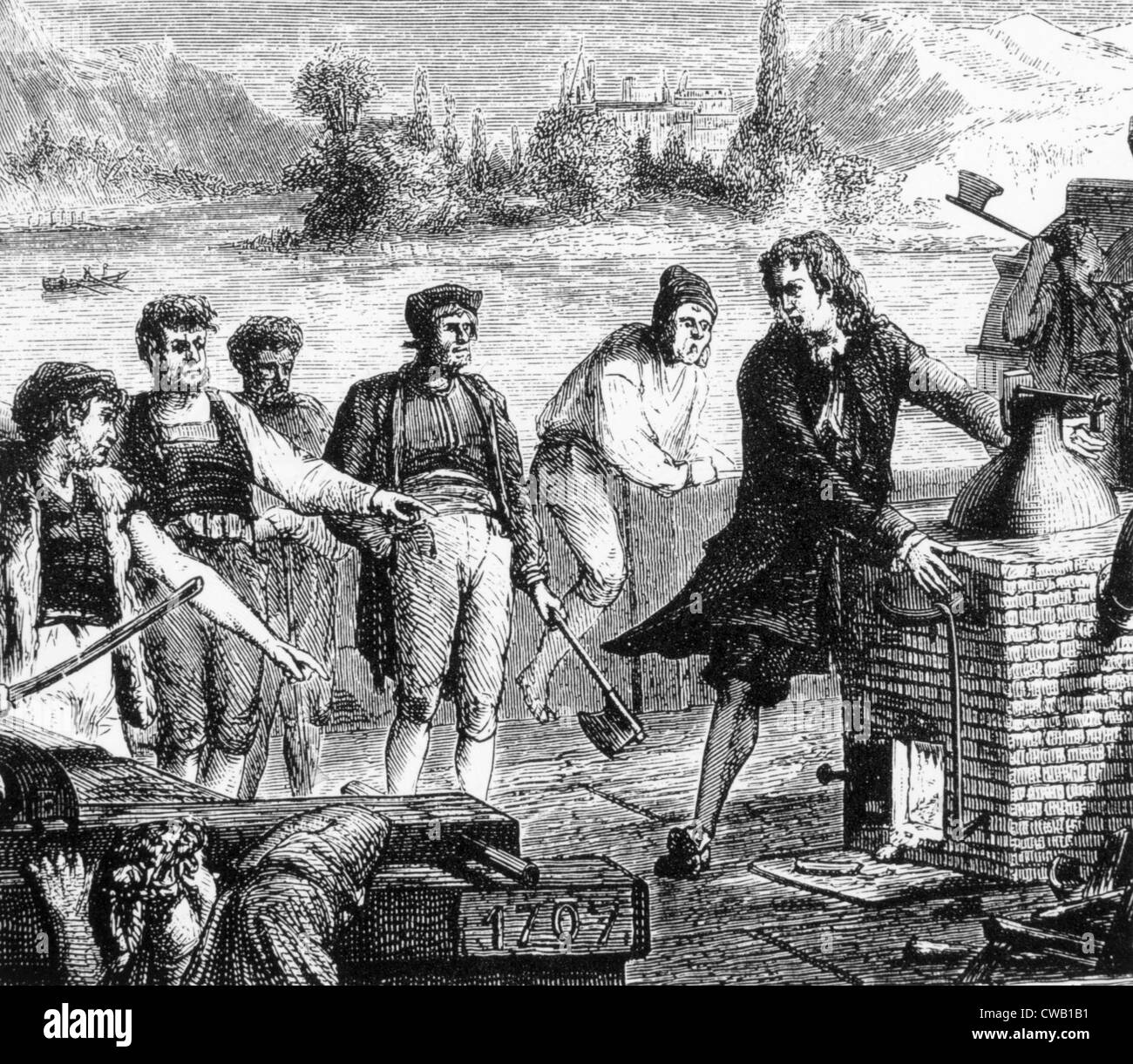 Denis Papin (rechts) (1647 - ca. 1712), französischer Physiker und Erfinder, Pionier der erste Dampfantrieb Boot an der Weser, Stockfoto