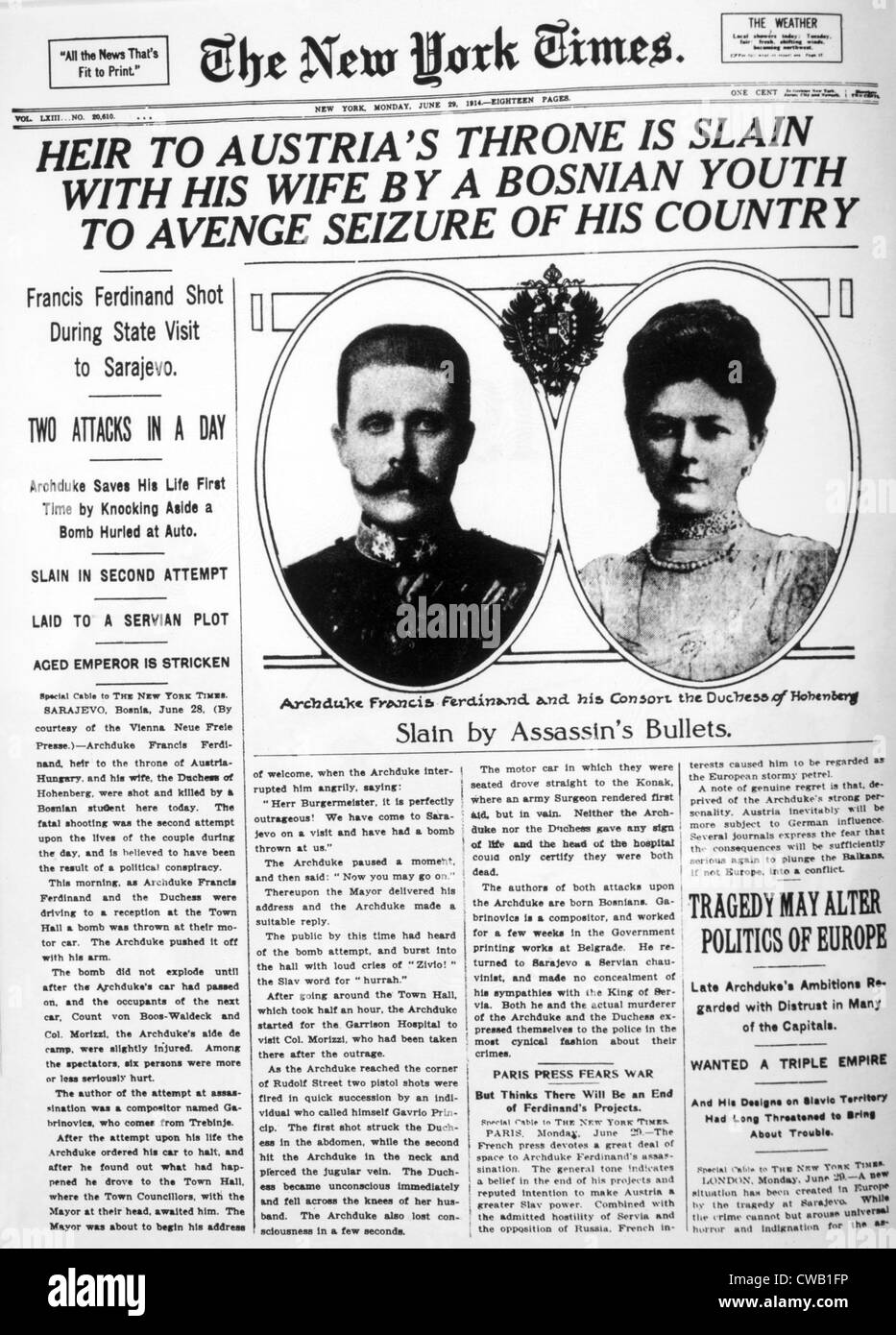 Erzherzog Franz Ferdinand (1863 – 1914), und Herzogin Sophie Chotek (1868-1914) in der New York Times nach ihren Stockfoto