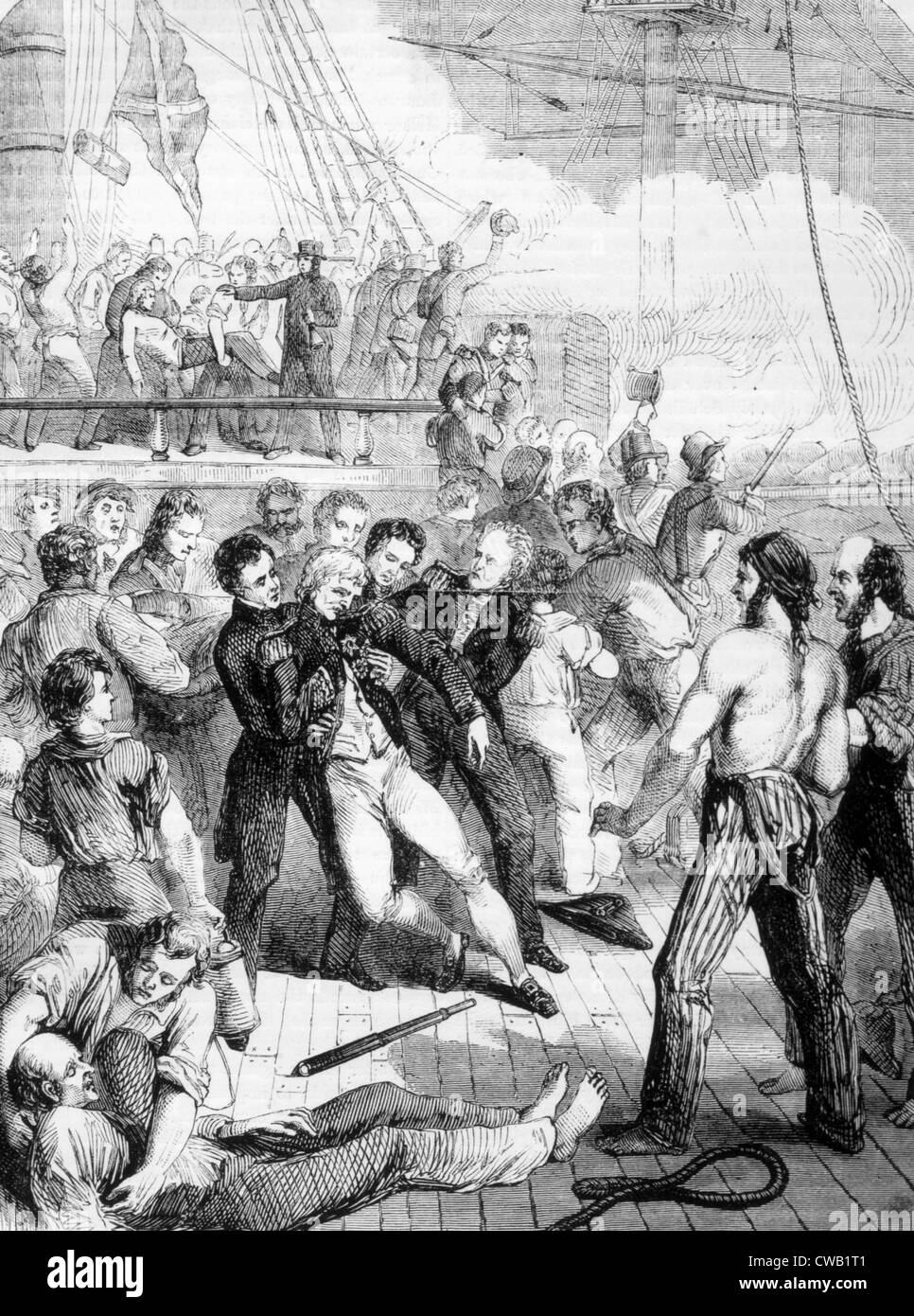 Admiral Horatio Nelson in der Schlacht von Trafalgar 1805. Gravur: 1862. Stockfoto