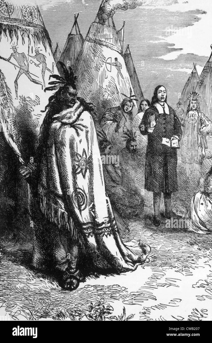 John Eliot (1604-1690) englischen puritanischen Missionar bekannt als Apostel zu den Indianern, Predigt in einem Indianer-camp Stockfoto