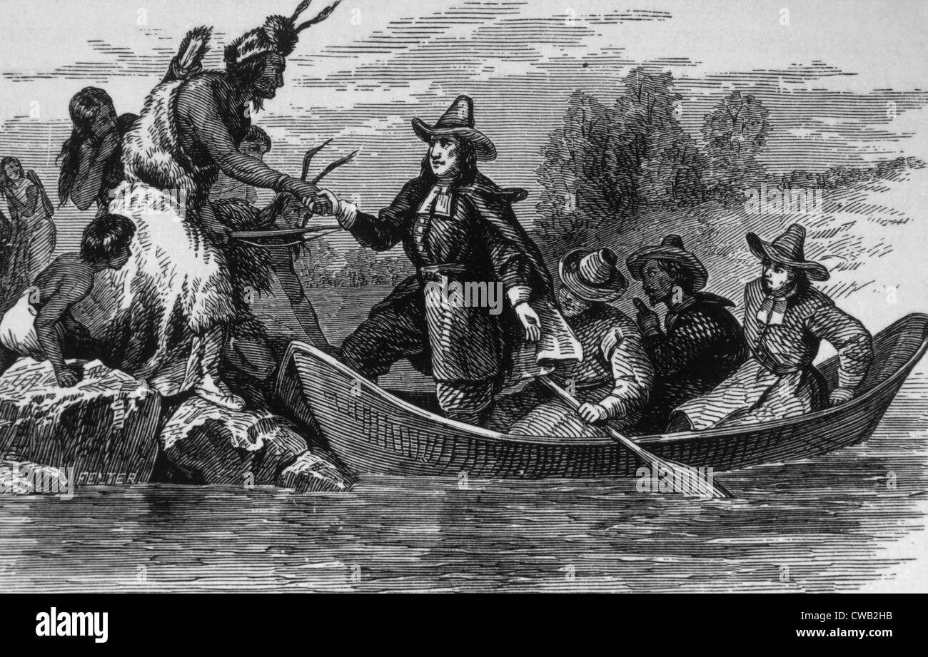 Roger Williams Landung in Providence in Narragansett Indianerland, 1636 Stockfoto