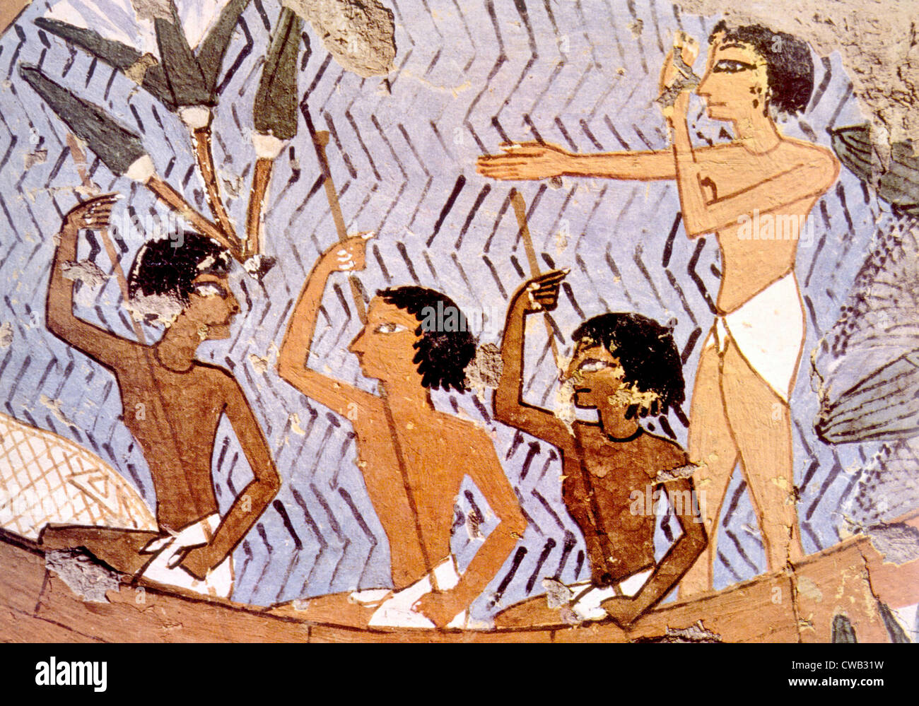 Malerei der Fischer in einem Boot aus dem Grab des Ipy, Theben, Ägypten Stockfoto