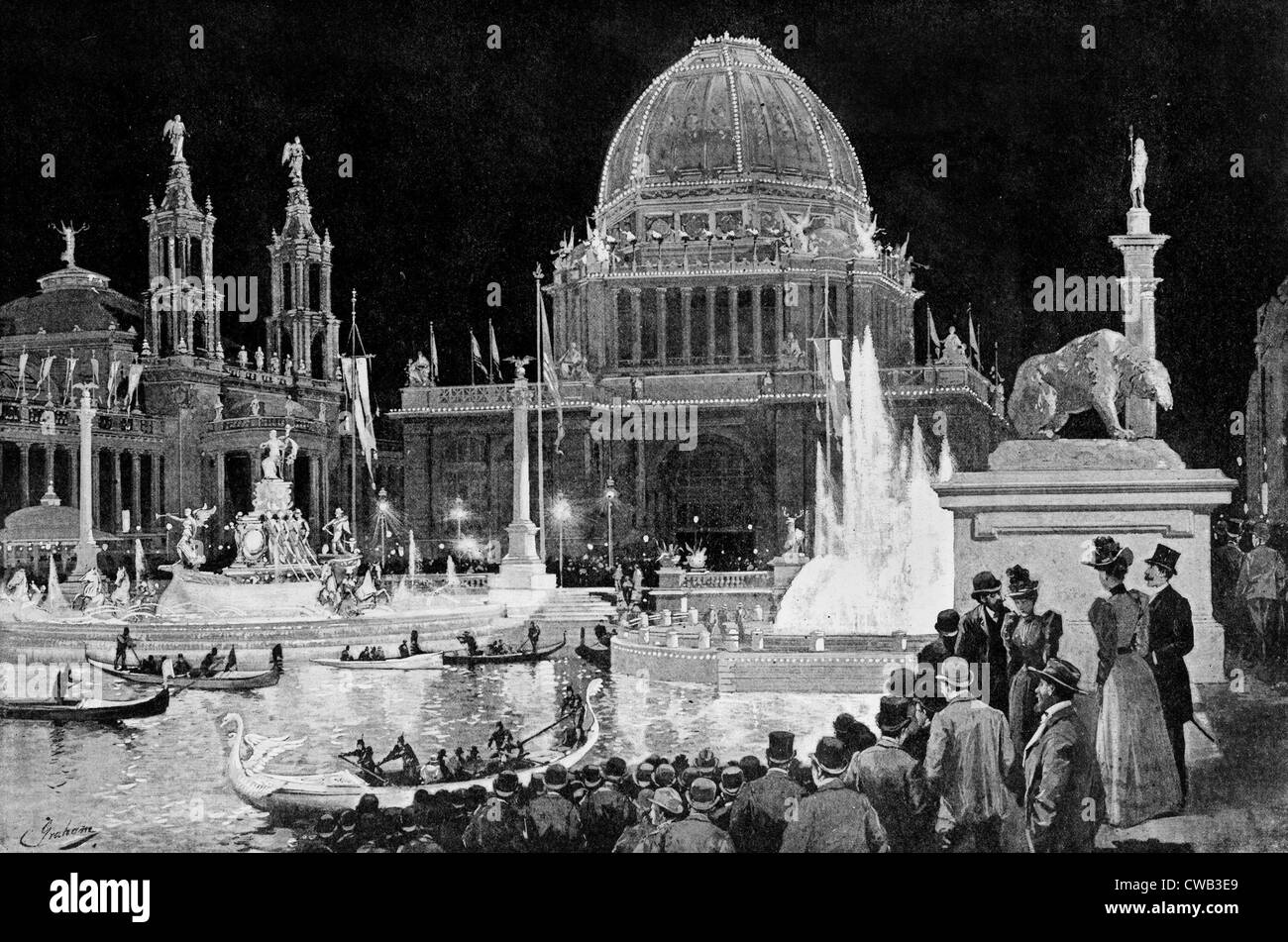Columbian Exposition--das große Gericht in der Nacht--elektrische Beleuchtung des MacMonniess Brunnens und der Verwaltung Stockfoto