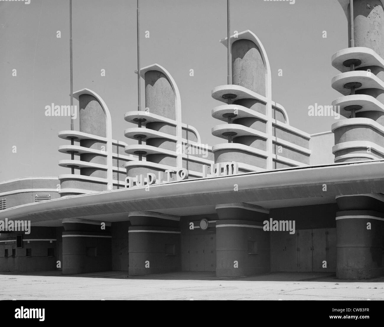 Los Angeles, Pan Pacific Auditorium, die Struktur erzielt nicht nur das Styling des großen schlanken Weltausstellungen von der Stockfoto