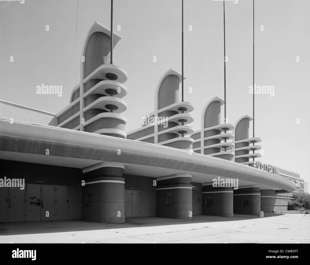 Los Angeles, Pan Pacific Auditorium, die Struktur erzielt nicht nur das Styling des großen schlanken Weltausstellungen von der Stockfoto