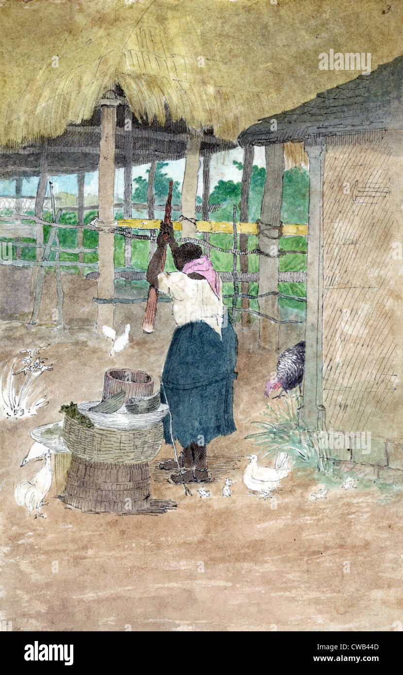 Frau in Hof, Hühner und Reetdach Struktur in der Nähe, Originaltitel: "Frau schlagen Maniok", Jamaika, Aquarell und Stockfoto