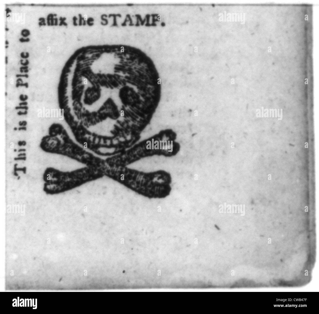 Das Stempelgesetz von 1765, "Dies ist der Ort, um den Stempel anbringen", Illustration aus The Pennsylvania Journal und wöchentlich Stockfoto